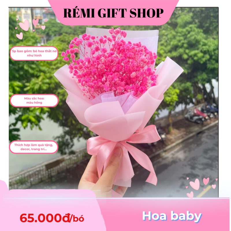 Bó hoa baby hồng khô cầm tay, món quà tặng, phụ kiện xinh xắn