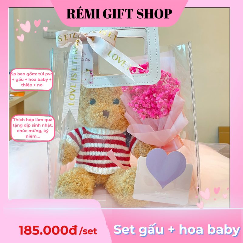 Set túi quà tặng gấu hoa - quà tặng dị lễ tết, sinh nhật, sự kiện sang trọng