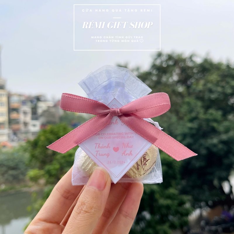 Túi quà tặng chất liệu voan đựng sô cô la kèm tag thiết kế thắt nơ - quà tặng khách mời sự kiện, event, đám cưới